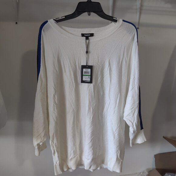 SOILED DKNY Womens Dolman Sleeve Striped Crewneck Sweater White Size L $60 FF389 - Picture 1 of 3